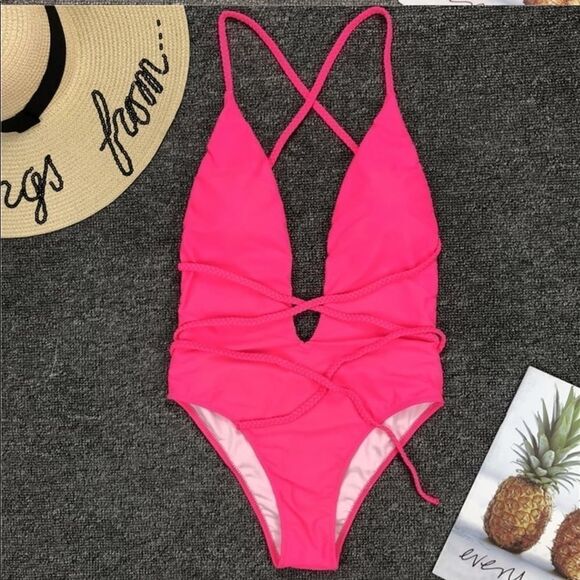 Neon Pink Plunging Criss Cross Backless One-Piece - Picture 1 of 5